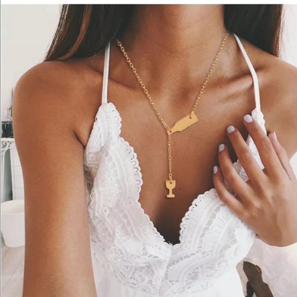Wine Bottle and Glass Gold Chain Drop Necklace